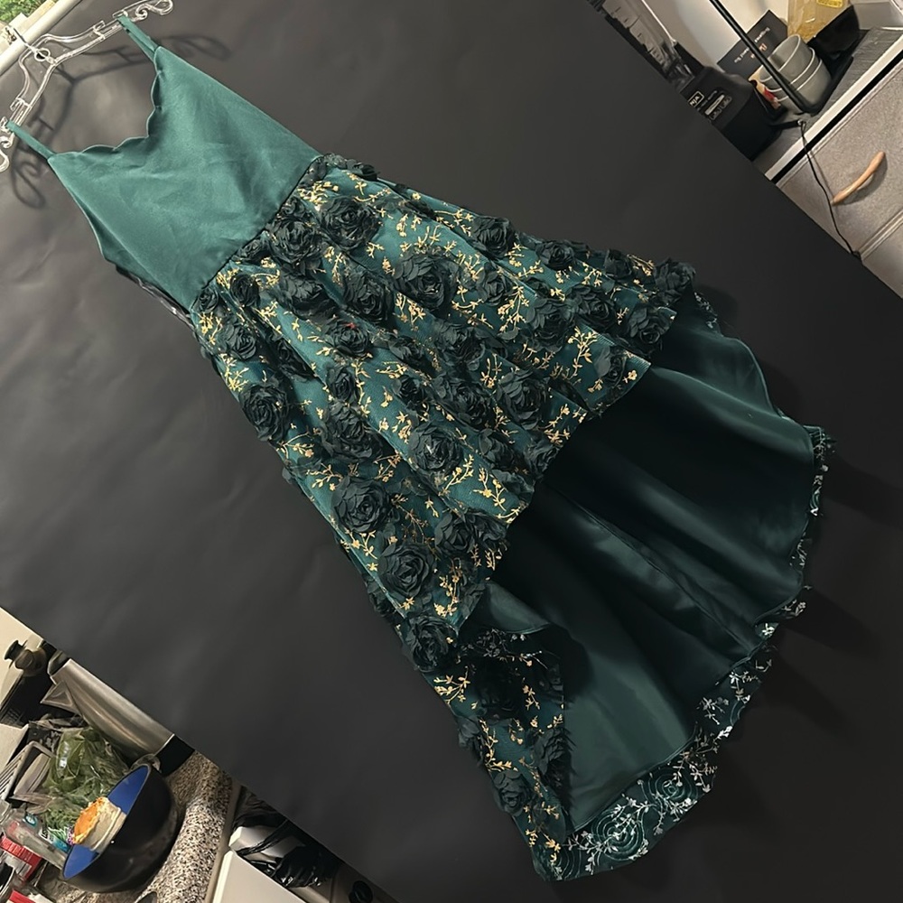 Fancy green dress with gold, size 10